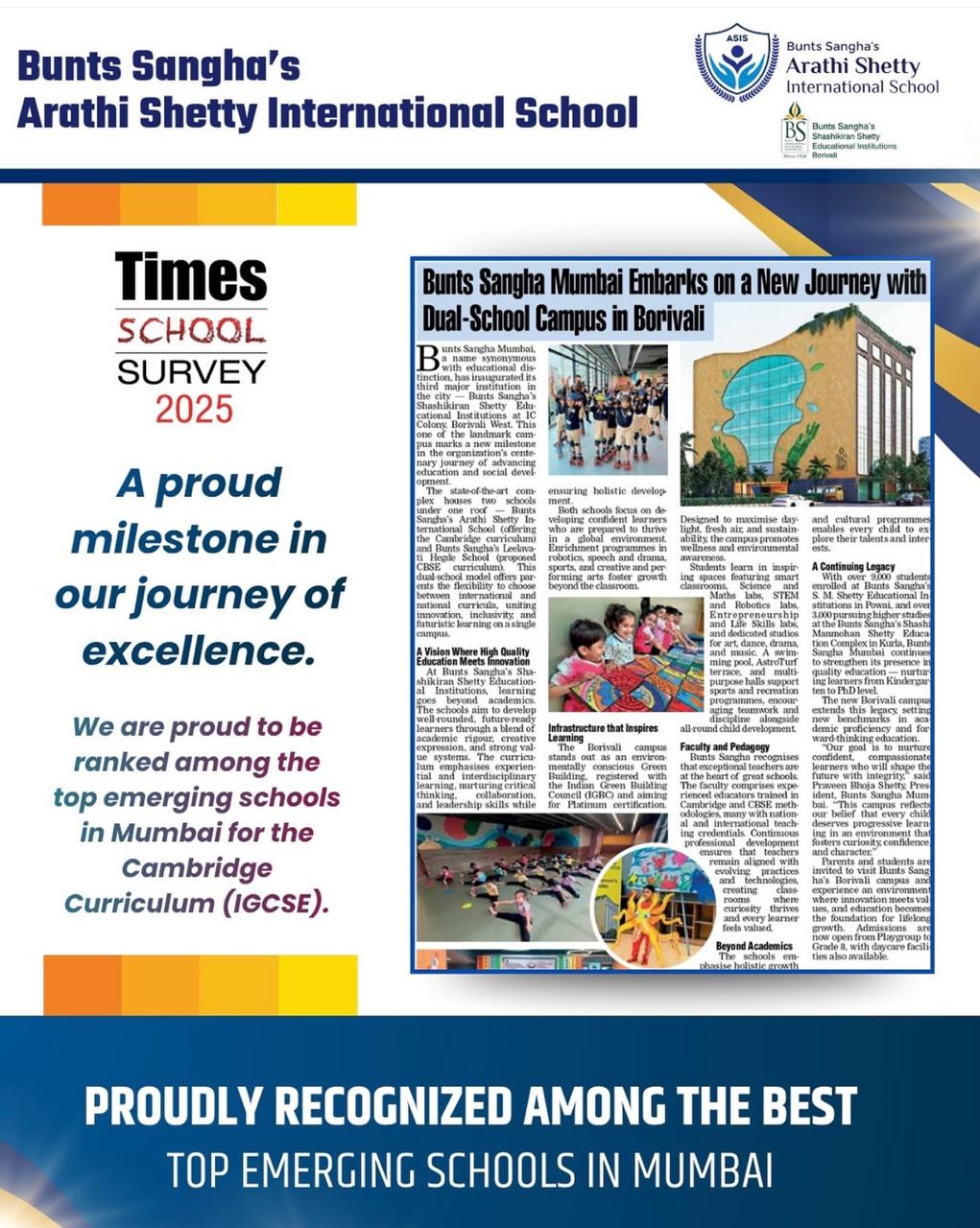 Times School Survey 2025 Award, Top Emerging School in Mumbai for Cambridge Curriculum 1 ASIS Times School Survey 2